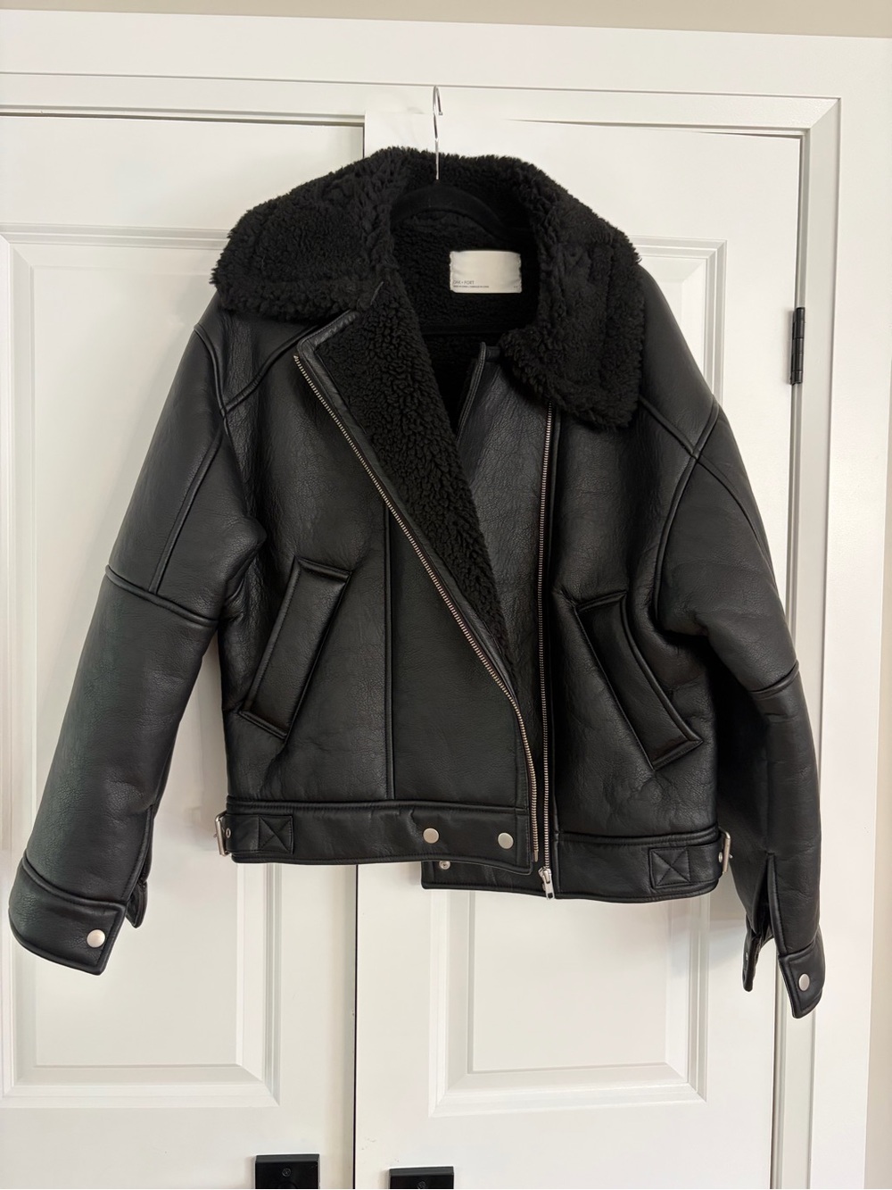 OAK + FORT Black Faux Leather Shearling-Lined Moto Jacket